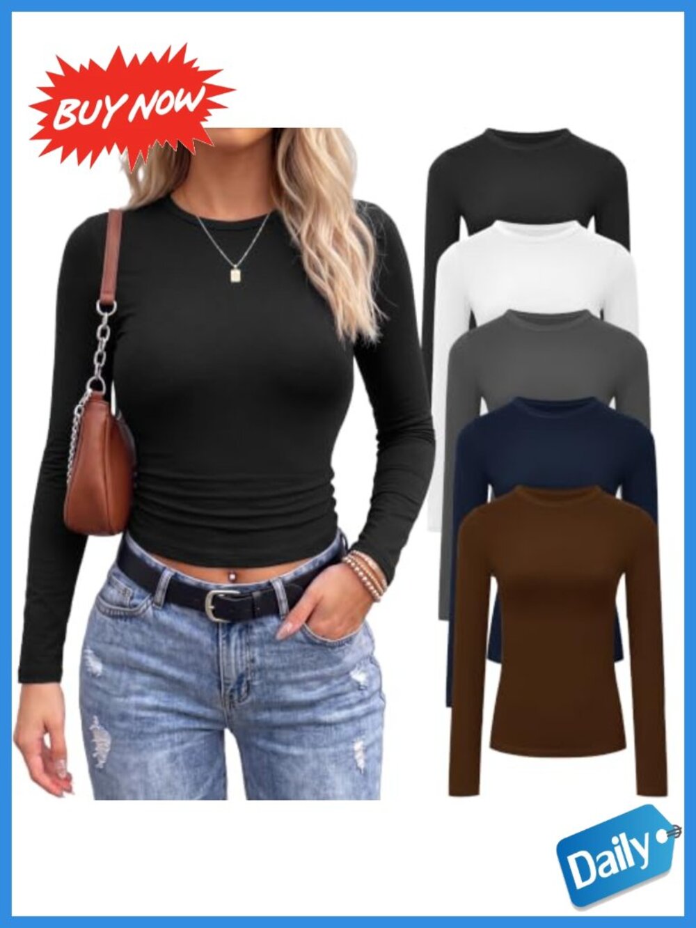 Sundwudu Long Sleeve Shirts Women 5 Pack Slim Fit Crew Neck Basic Tops